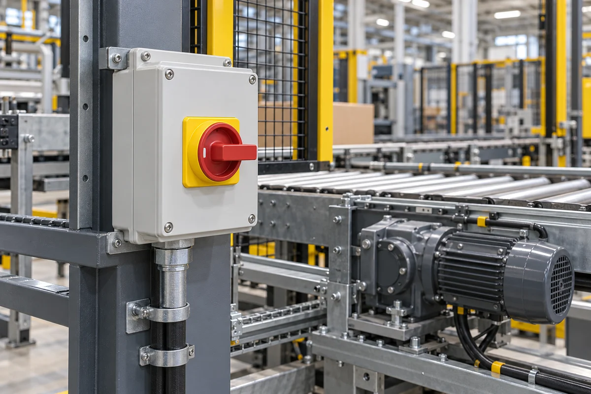 Enclosed rotary disconnect switch installed beside an industrial conveyor