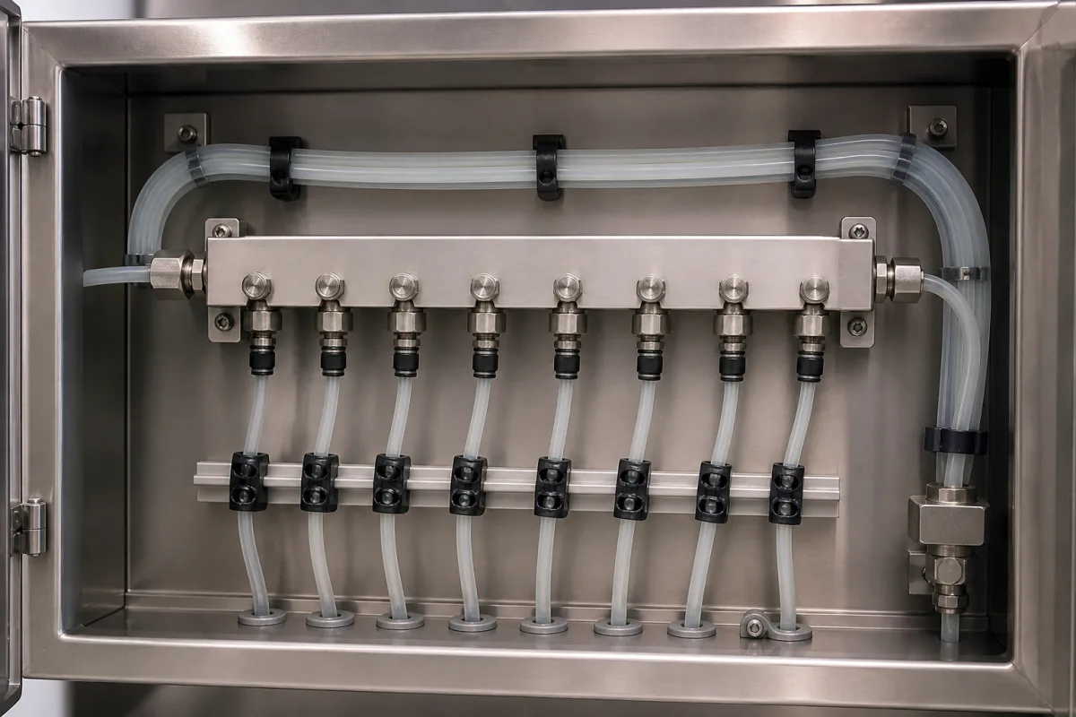 Verteilermanifold und Schläuche in einer industriellen Fertigungsumgebung
