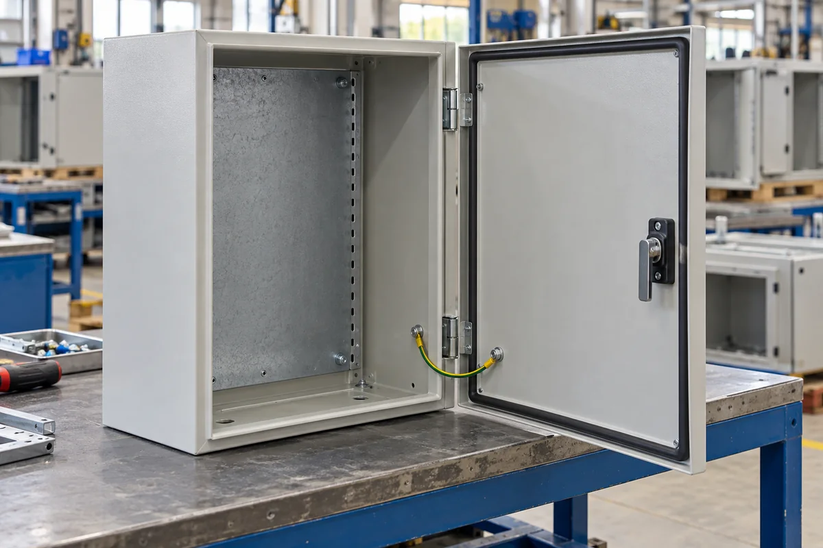 Light grey wall-mount steel enclosure standing open on a workbench, its door swung right on two hinges showing a black perimeter gasket and a lever handle, with a green-yellow earth strap bridging from the body to the inside of the door and a galvanized mounting plate inside
