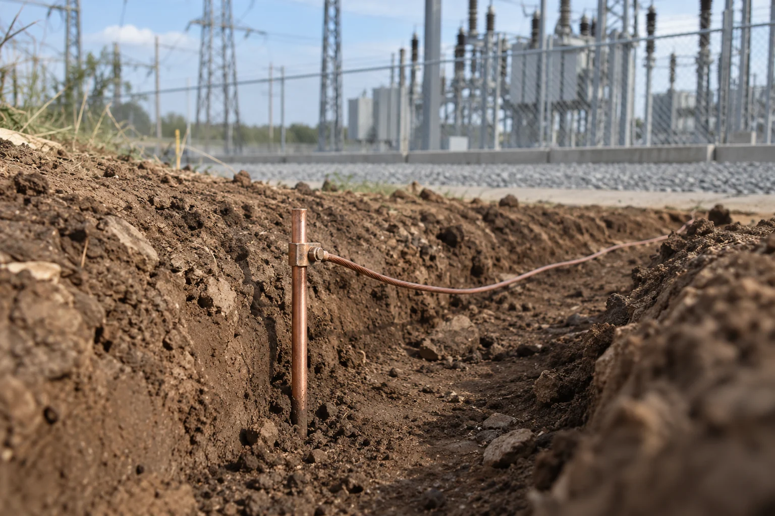 Copper-toned ground rod and conductor in soil beside a substation