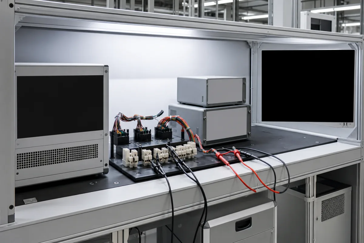 Elektrische Prüfstation in einer industriellen Fertigungsumgebung