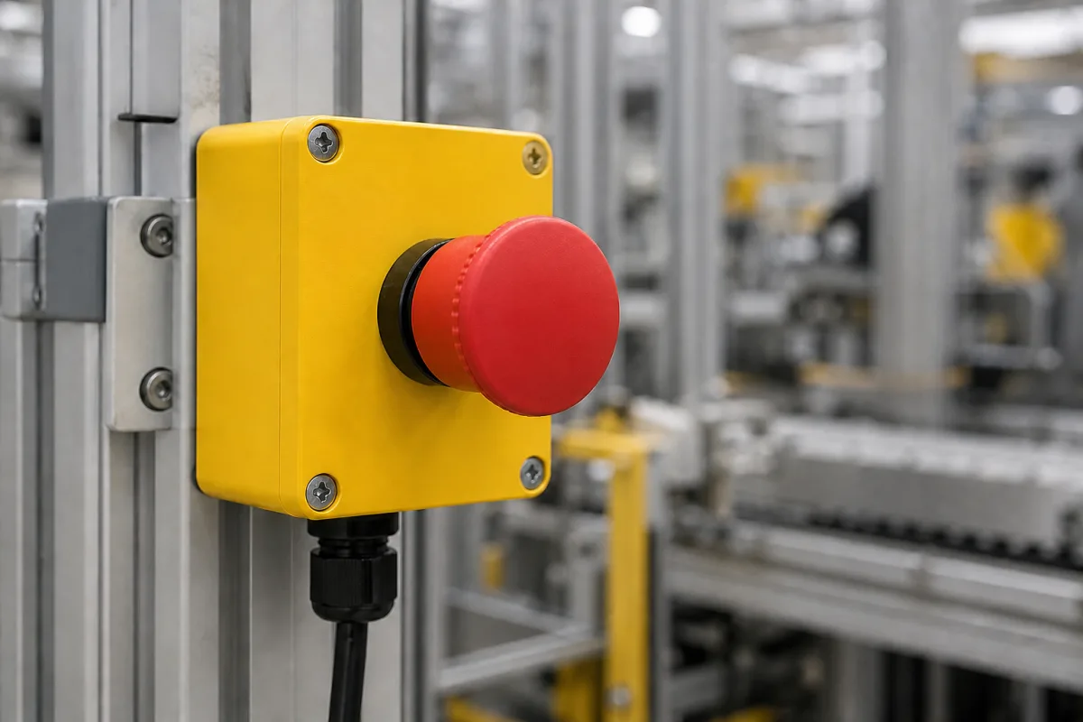 Not-Aus-Taster in einer industriellen Fertigungsumgebung