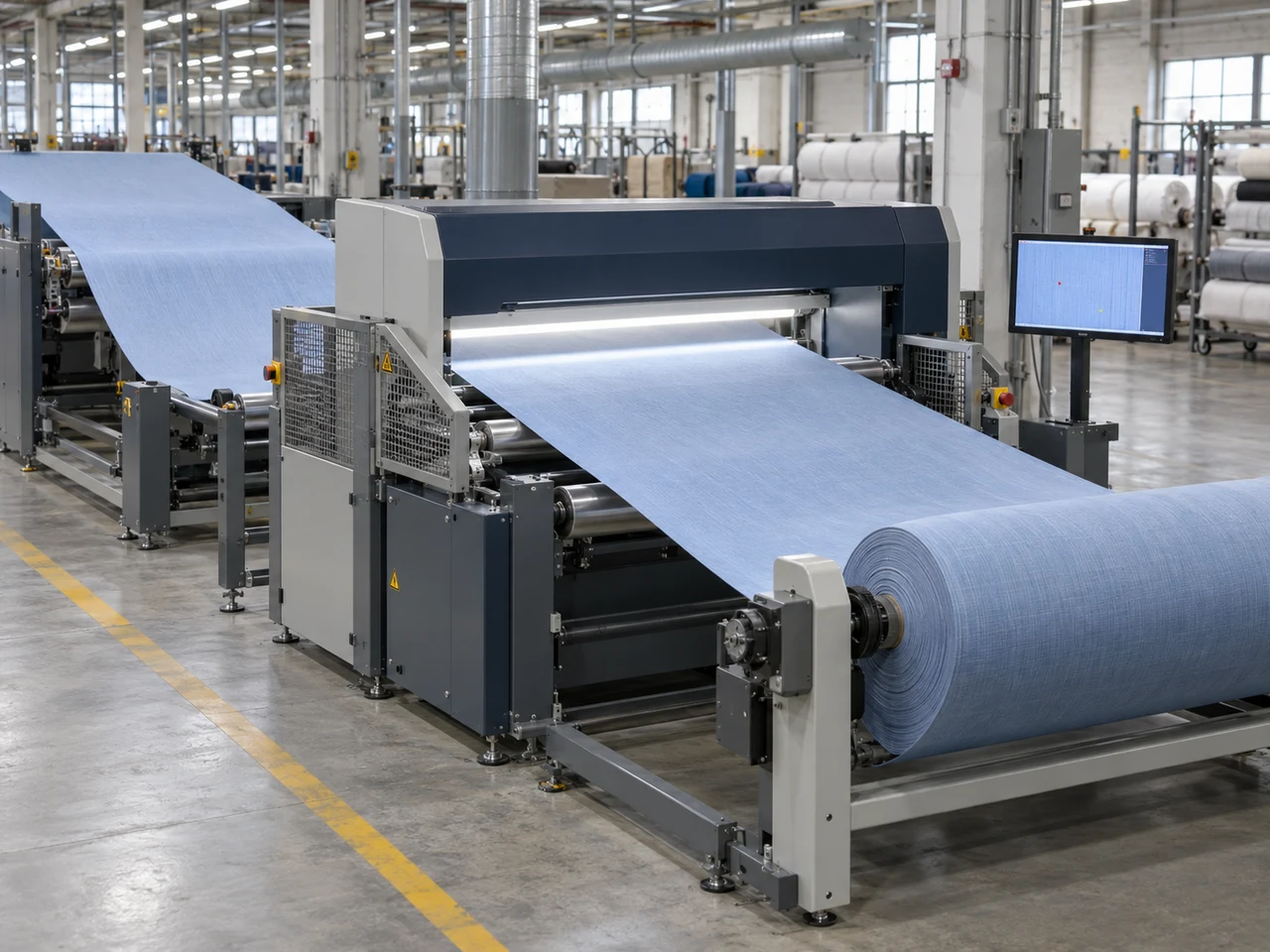 Continuous woven fabric passing through an optical inspection station