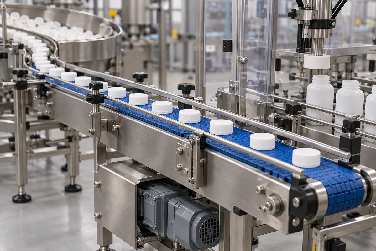 Narrow stainless-steel conveyor with a blue modular plastic belt carrying white plastic caps in single file between adjustable guide rails, leading from a round cap bowl towards a capping head and white bottles, with a grey gearmotor under the frame