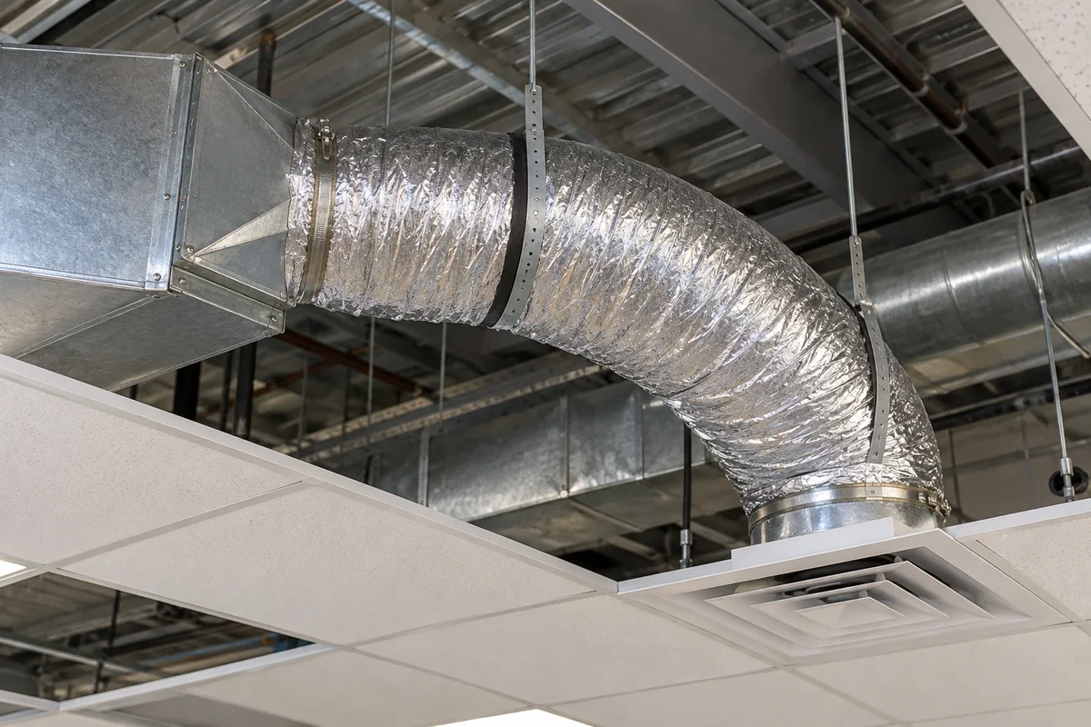 Silver aluminium-foil flexible duct on hanger straps connecting a sheet-metal supply plenum to a ceiling air diffuser above a suspended ceiling