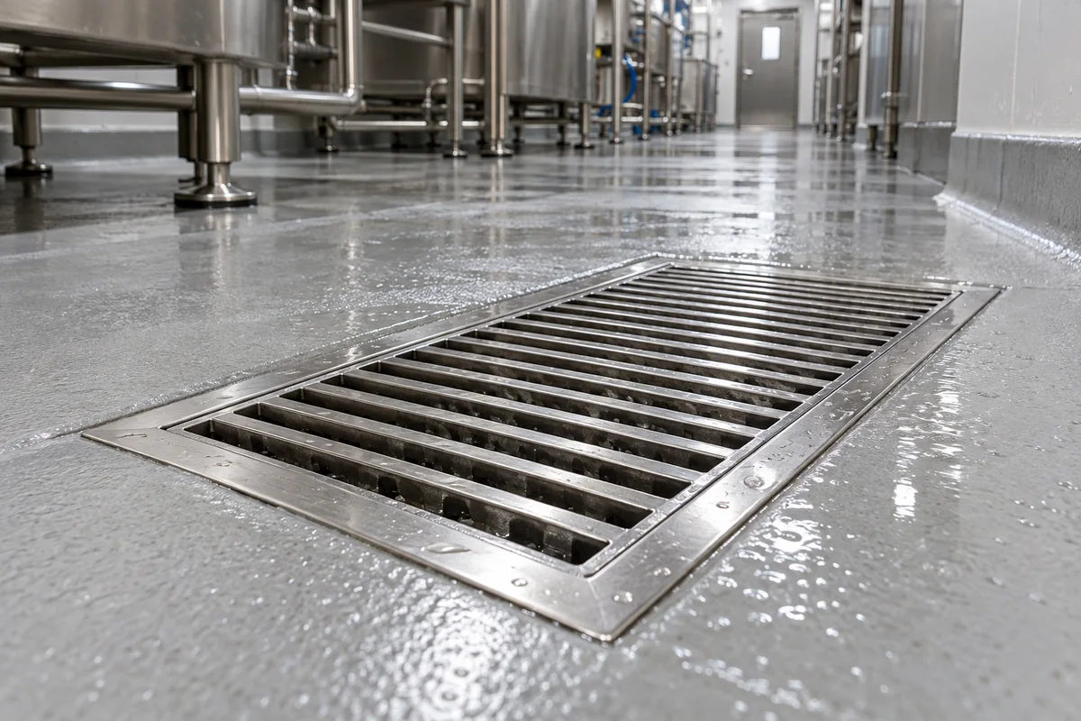 Rectangular stainless-steel floor drain with a slotted grate set flush in a wet grey resin floor of a processing hall with stainless equipment