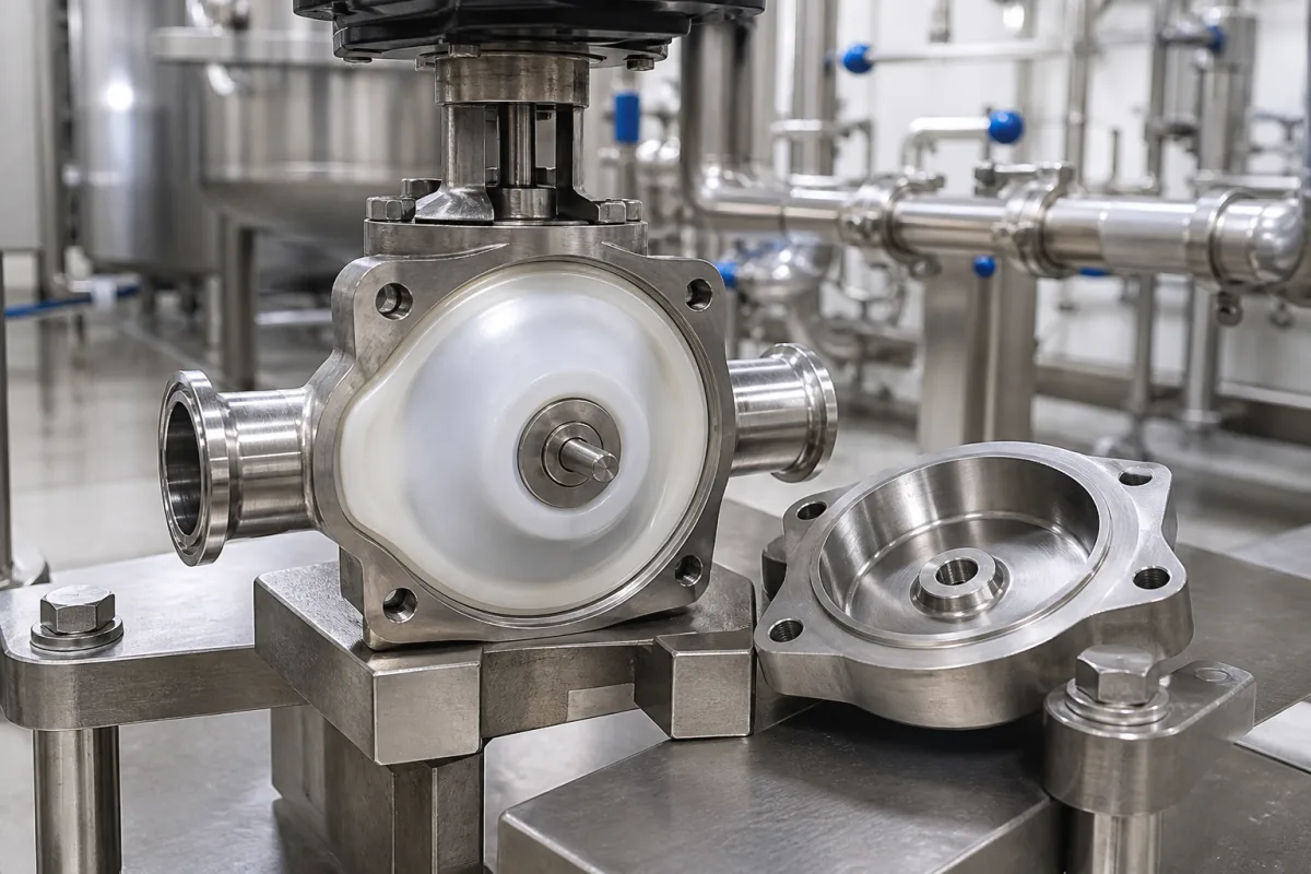 Lebensmittelechter Sanitär-Membranventilkern in einer industriellen Fertigungsumgebung