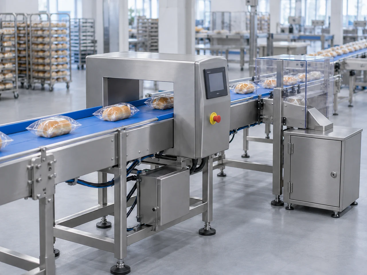 Packaged bread passing through a conveyor metal detector