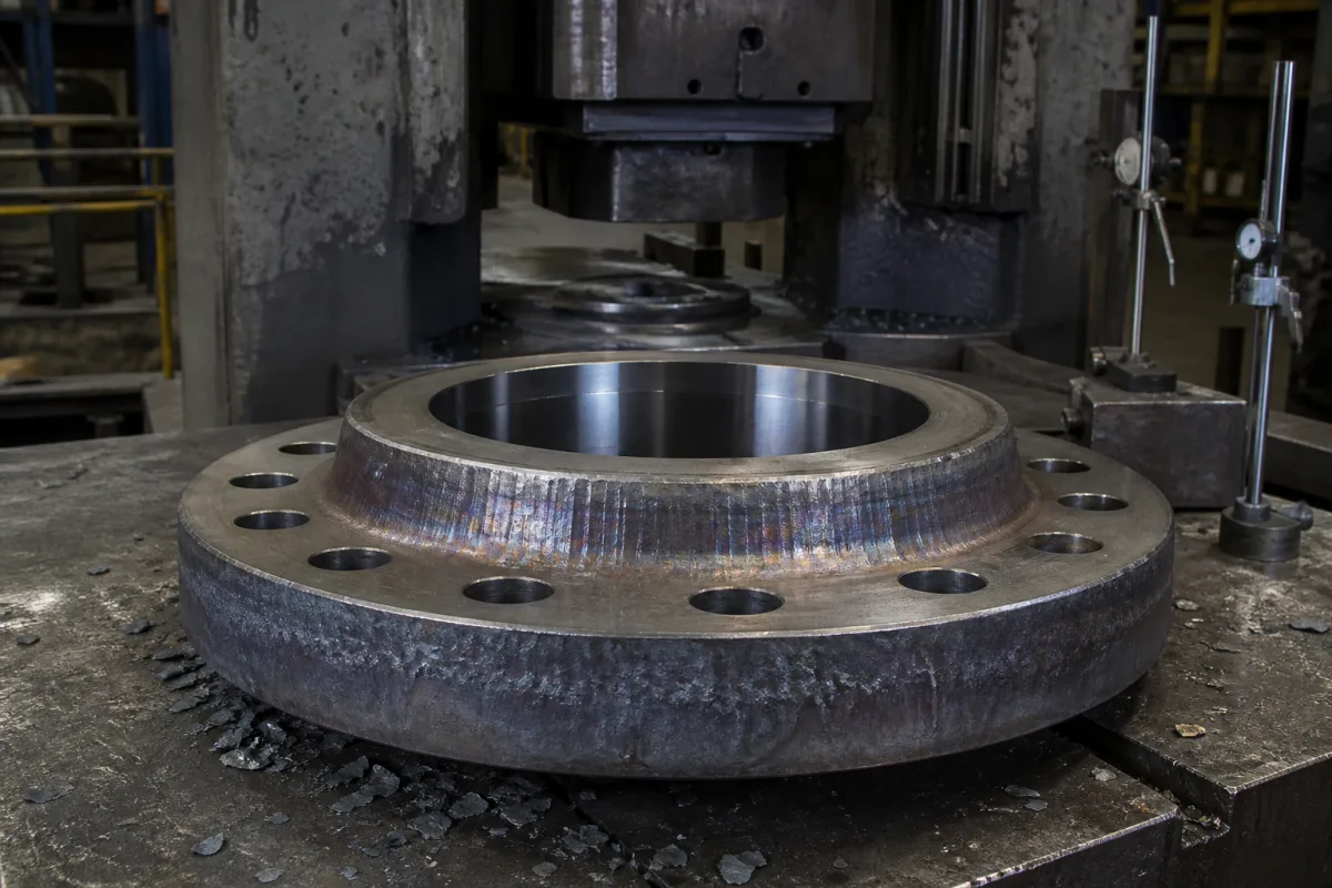 Geschmiedeter Stahlflansch in einer industriellen Fertigungsumgebung
