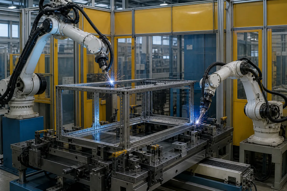 Rahmenschweißstation in einer industriellen Fertigungsumgebung
