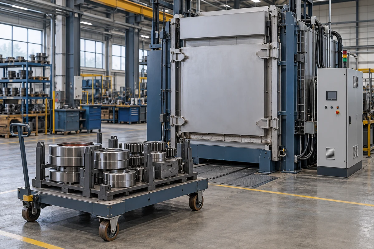 Batch heat-treatment furnace with a trolley of metal parts in a workshop