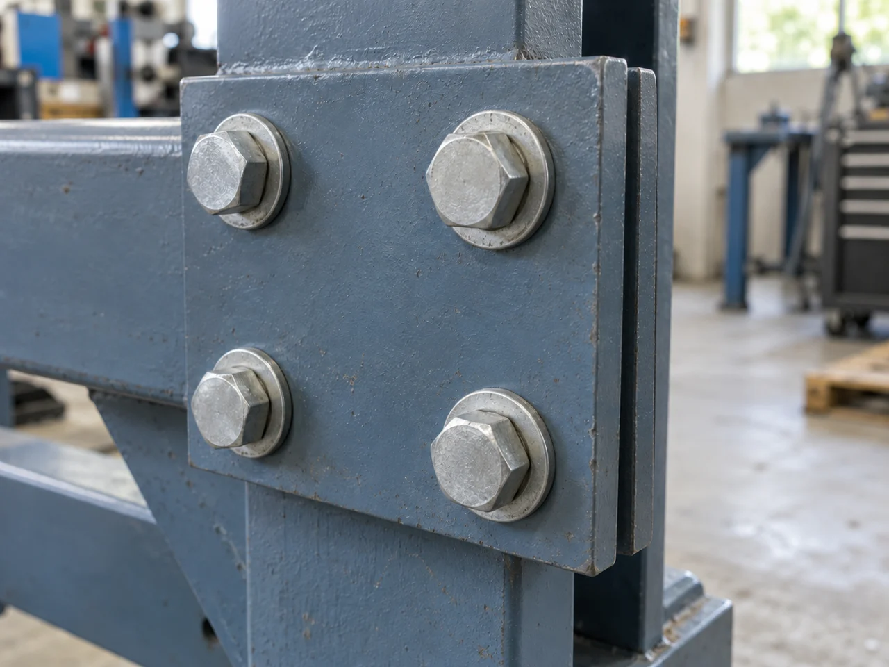 Hexagonal bolt heads and plain washers securing a steel machine-frame connection