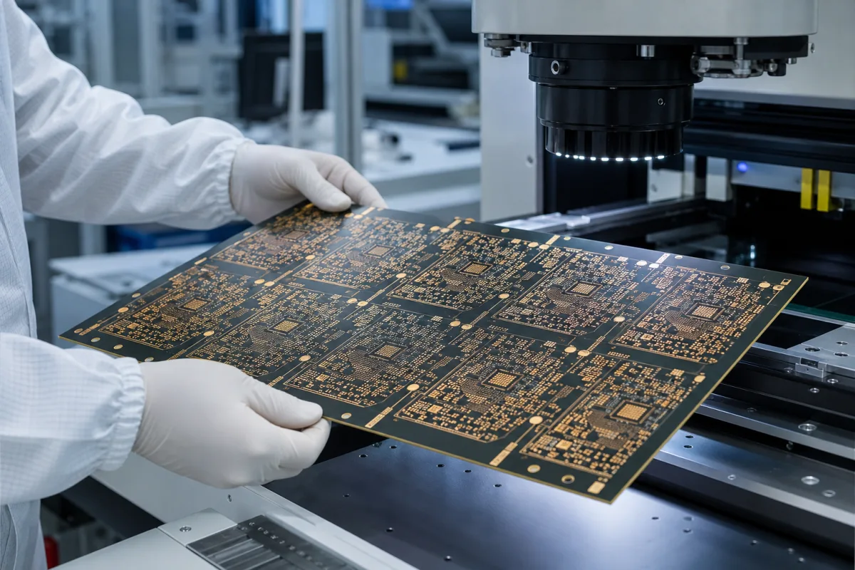 High-Density Interconnect (HDI) PCB Substrate in a manufacturing environment