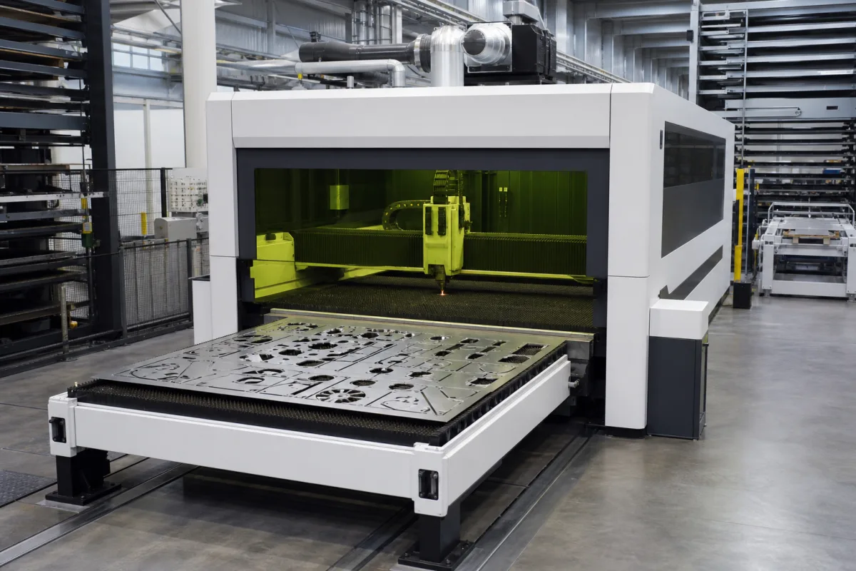 Hochpräzise CNC-Laserschneidmaschine in einer industriellen Fertigungsumgebung