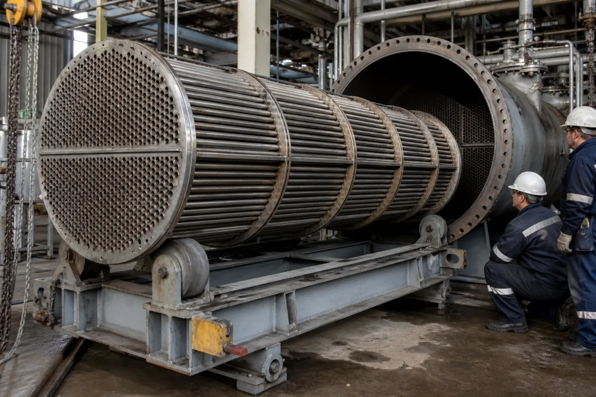 Rohrbündel für Wärmetauscher in Hochdruck-Ammoniaksyntheseschleife in einer industriellen Fertigungsumgebung