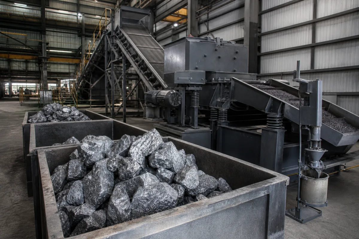 Steel bins full of silvery-grey alloy lumps in a plant, beside a vibrating screen carrying crushed material and a conveyor with a sampling device