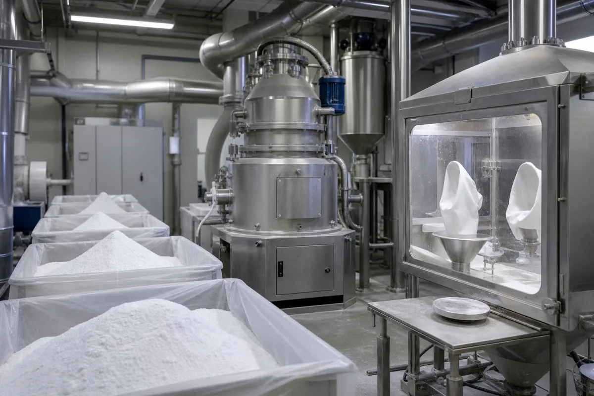 Hochreines Quarzglasmehl in einer industriellen Fertigungsumgebung