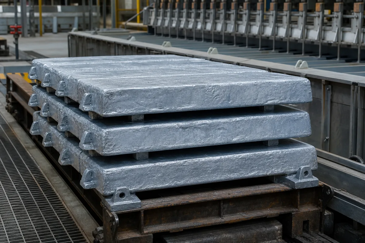 Hochreine Zinkanodenplatte in einer industriellen Fertigungsumgebung