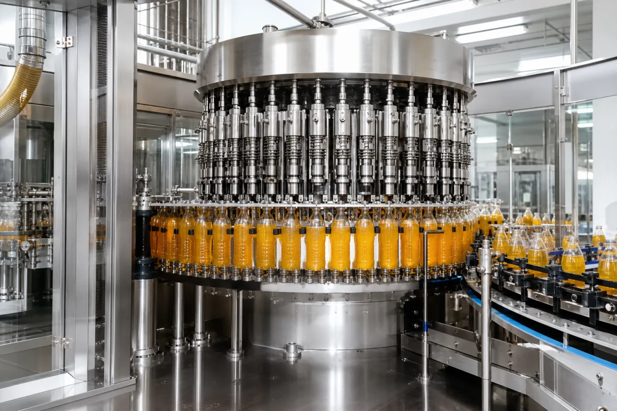 Hochgeschwindigkeits-Rotationsflaschenfüllmaschine in einer industriellen Fertigungsumgebung