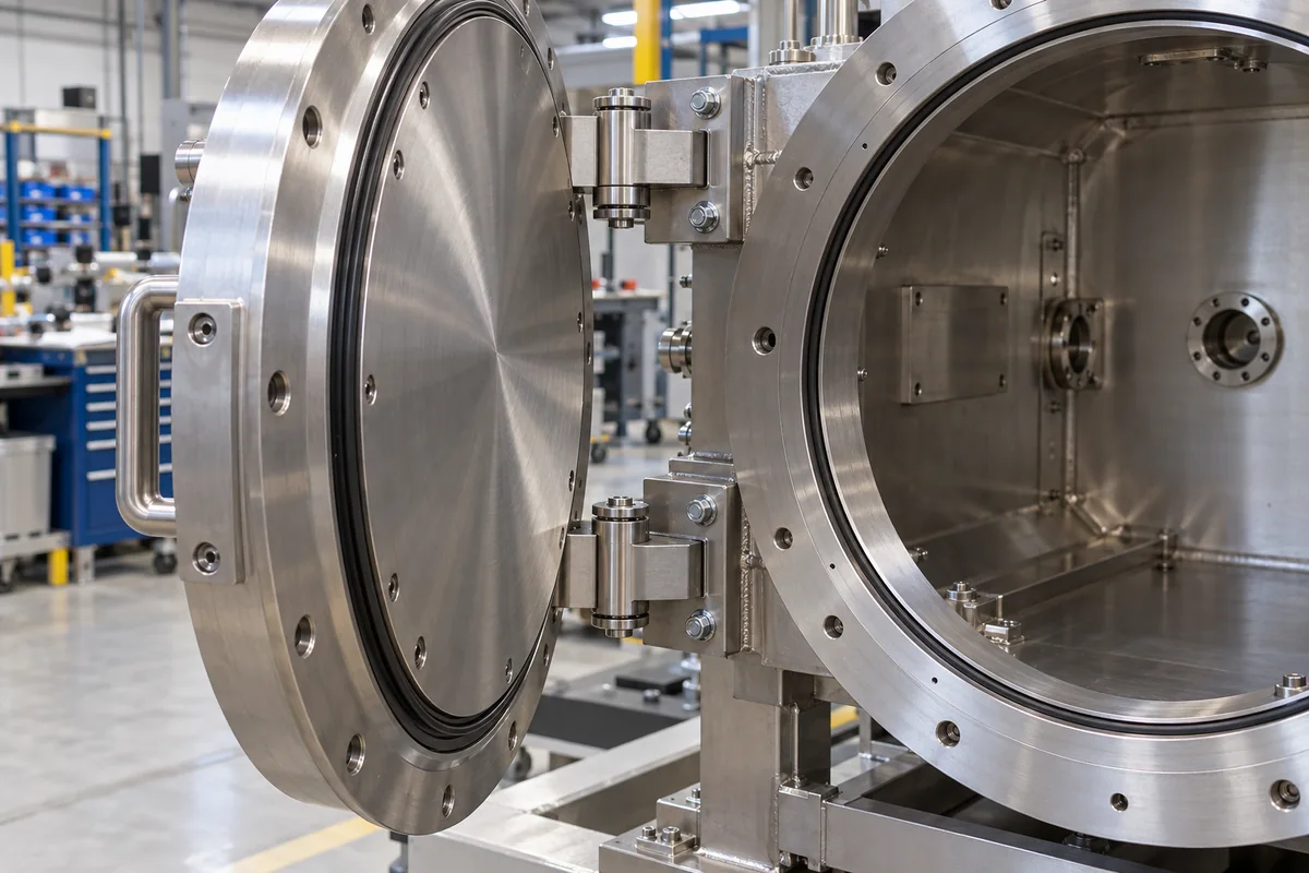 Round stainless-steel door of a cylindrical vacuum chamber swung open on two barrel hinges bolted to welded brackets, with a black O-ring in the door face and the chamber flange and ports inside the chamber