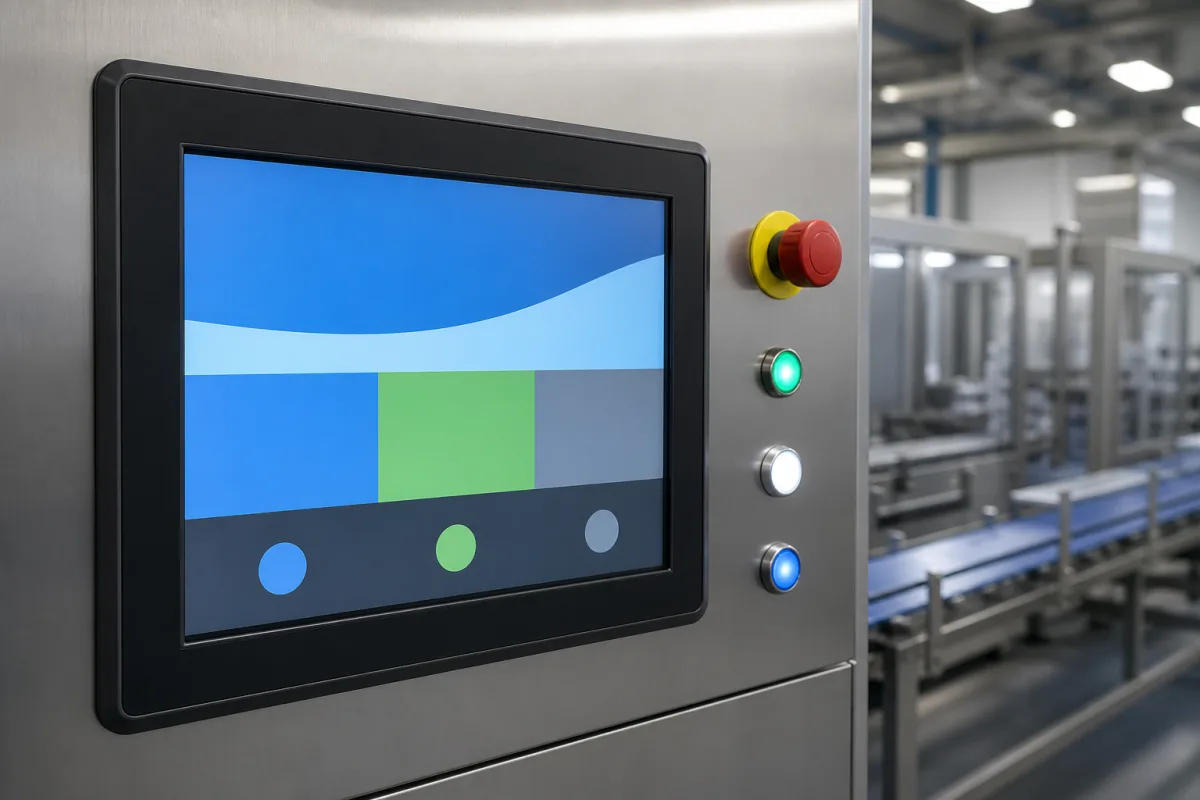 Mensch-Maschine-Schnittstelle (HMI) Touchscreen in einer industriellen Fertigungsumgebung