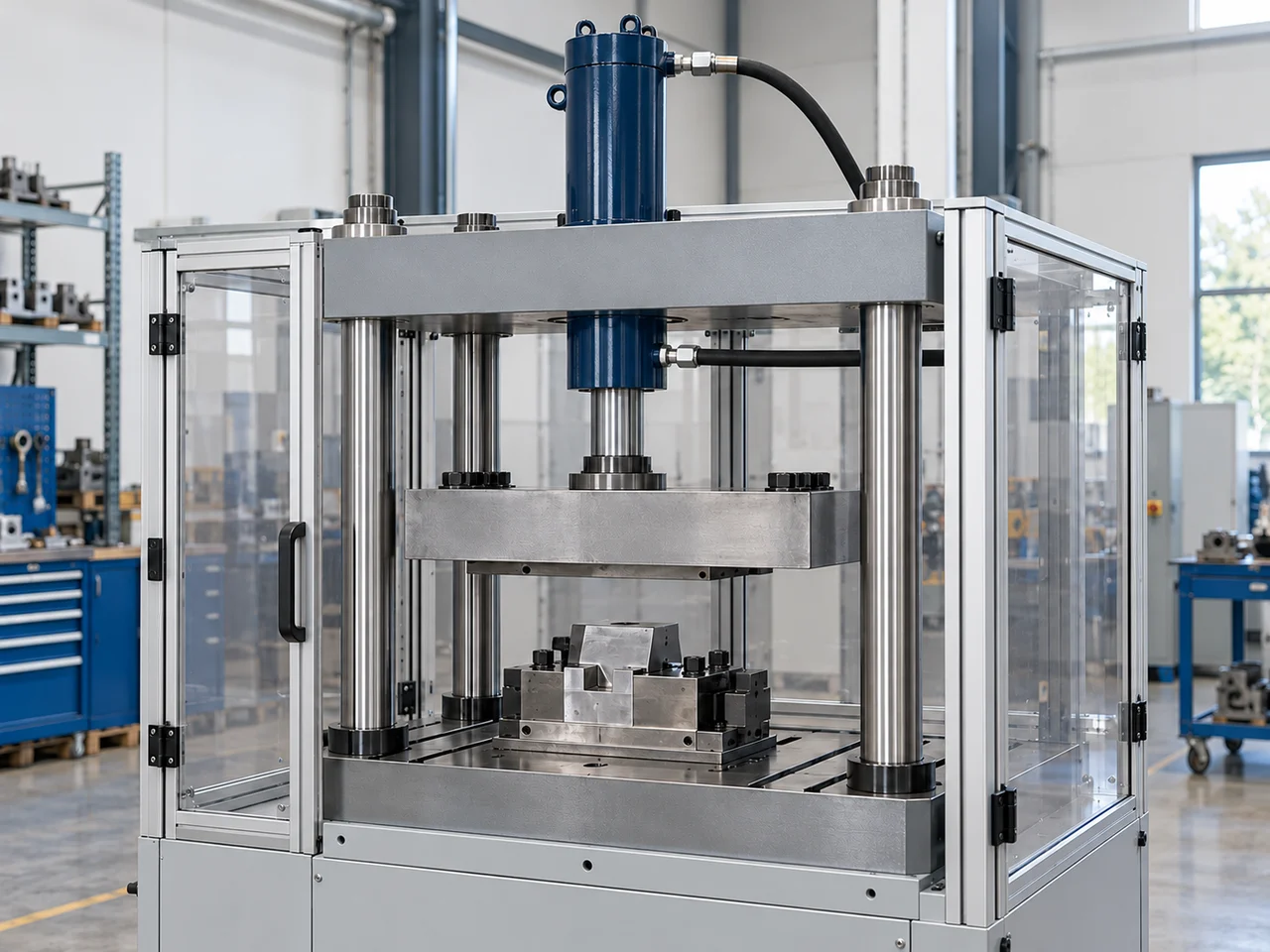 Vertical hydraulic cylinder driving a guided platen in an enclosed assembly press