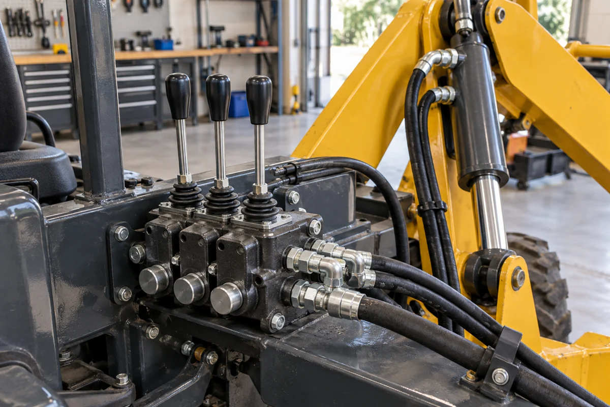 Sectional hydraulic control valve installed beside a loader lift cylinder