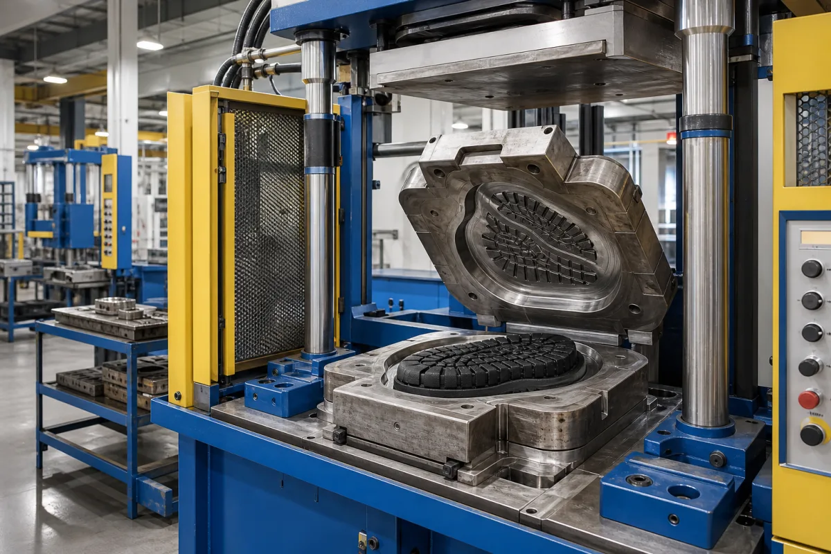 Industrielle Schuhsohlen-Formpresse in einer industriellen Fertigungsumgebung