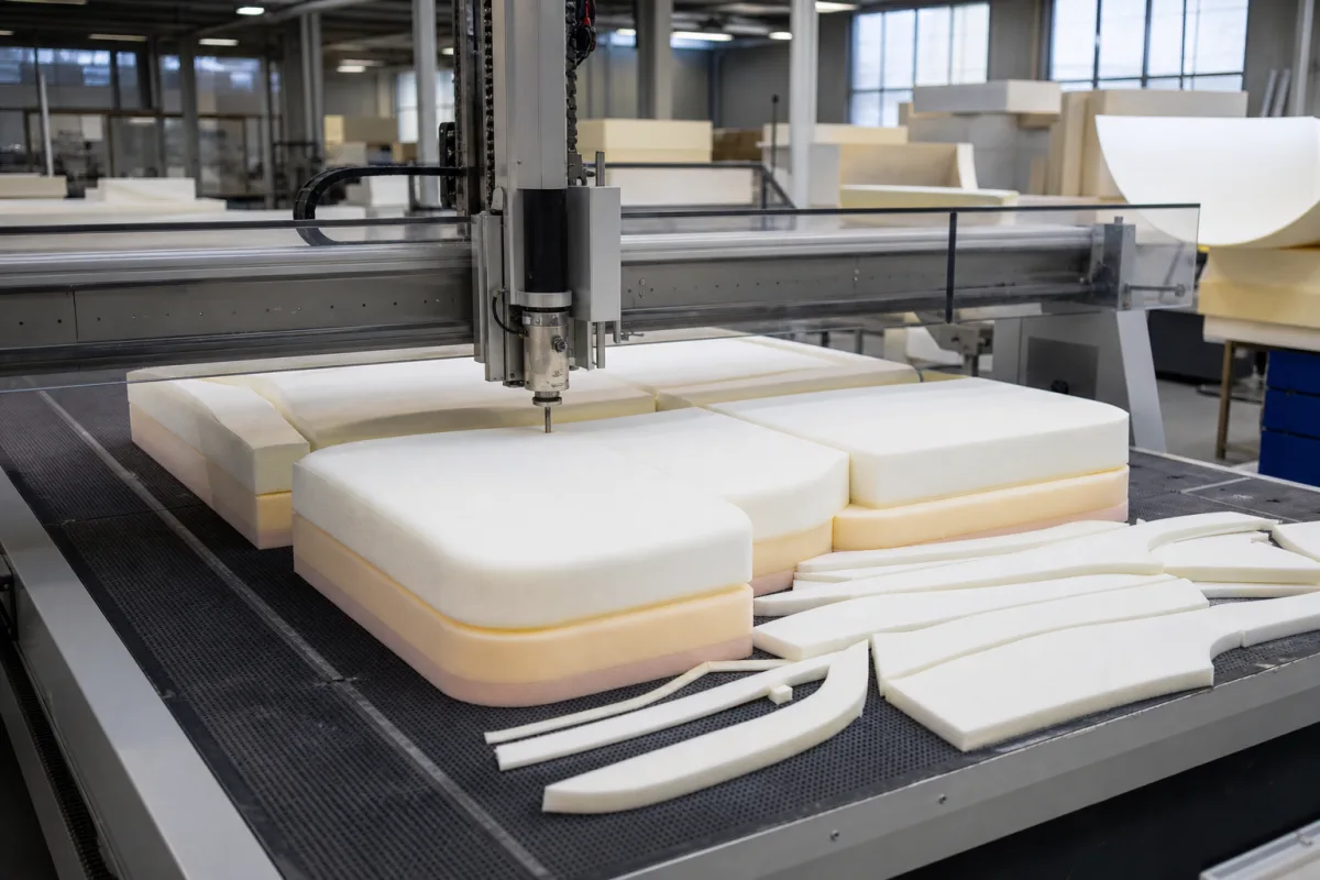 Industrielle Polsterschaum-Schneidemaschine in einer industriellen Fertigungsumgebung