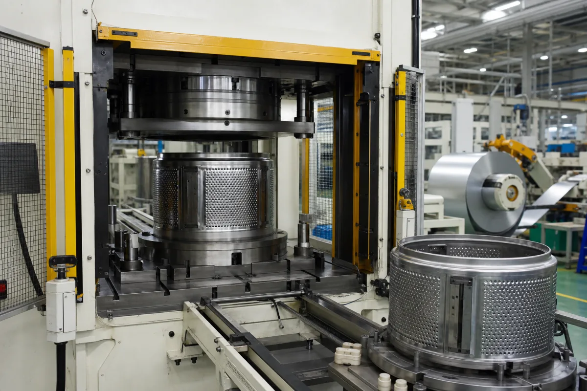 Industrielle Waschmaschinentrommel-Formpresse in einer industriellen Fertigungsumgebung