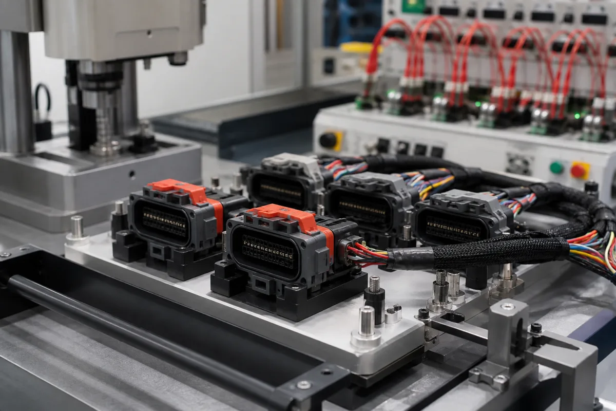 Industrieller Kabelbaum-Steckverbinder-Gehäuse in einer industriellen Fertigungsumgebung