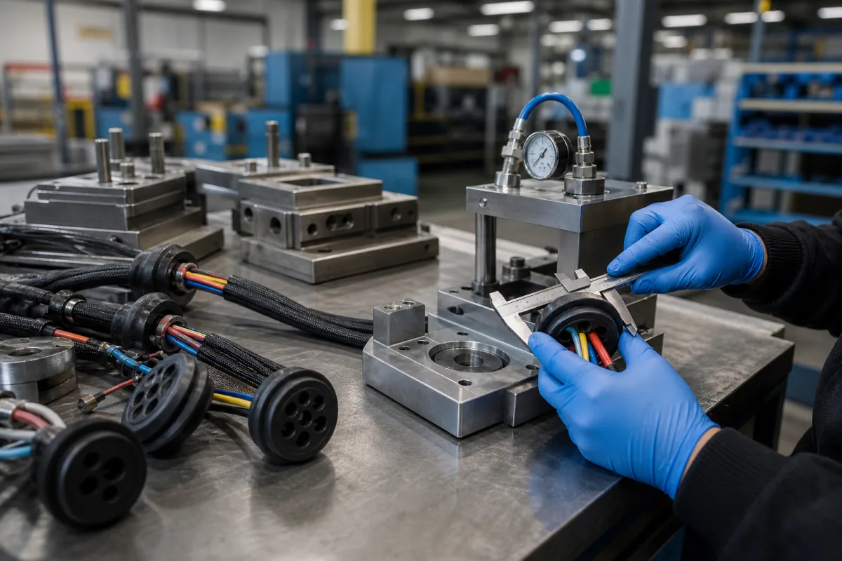 Industrielle Kabelbaum-Dichtungstülle in einer industriellen Fertigungsumgebung