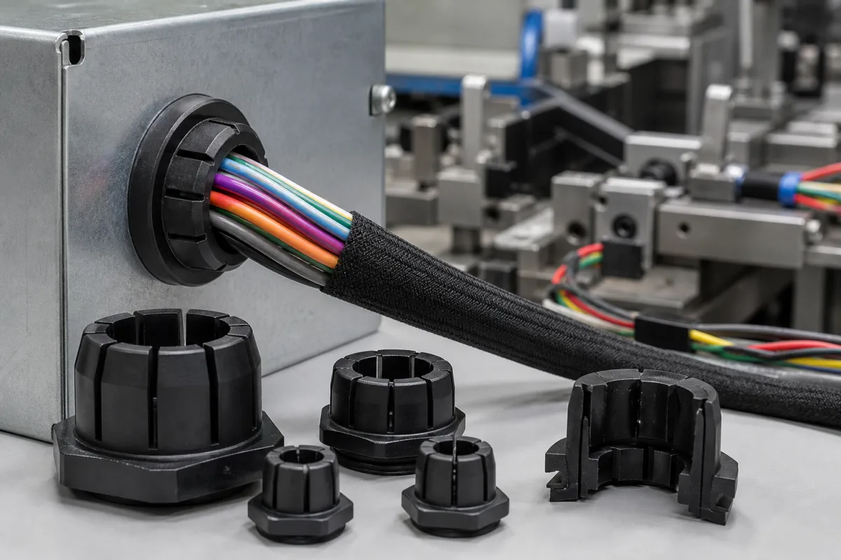 Industrial Wire Harness Strain Relief Bushing in a manufacturing environment