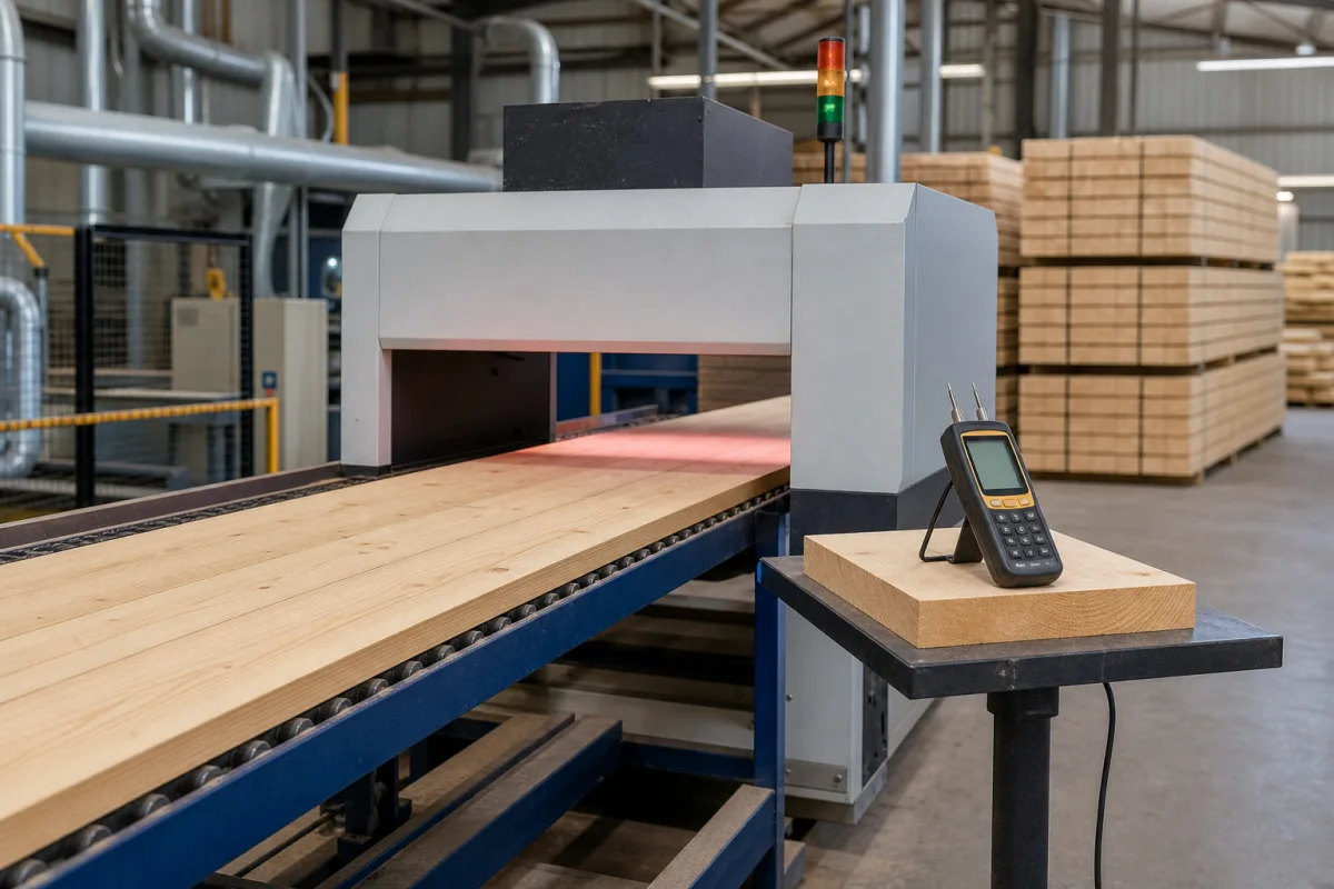 Industrieller Holzfeuchtemessgerät in einer industriellen Fertigungsumgebung