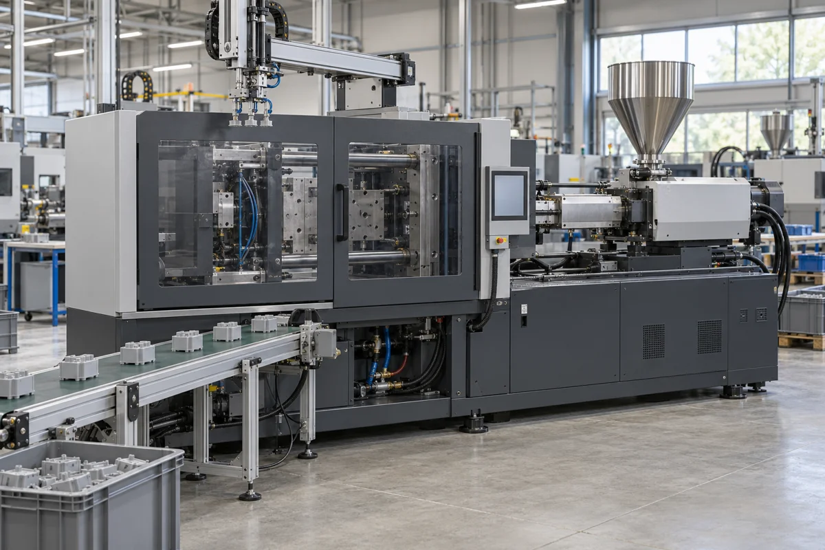 Horizontal plastic injection molding machine with take-out robot in a production workshop