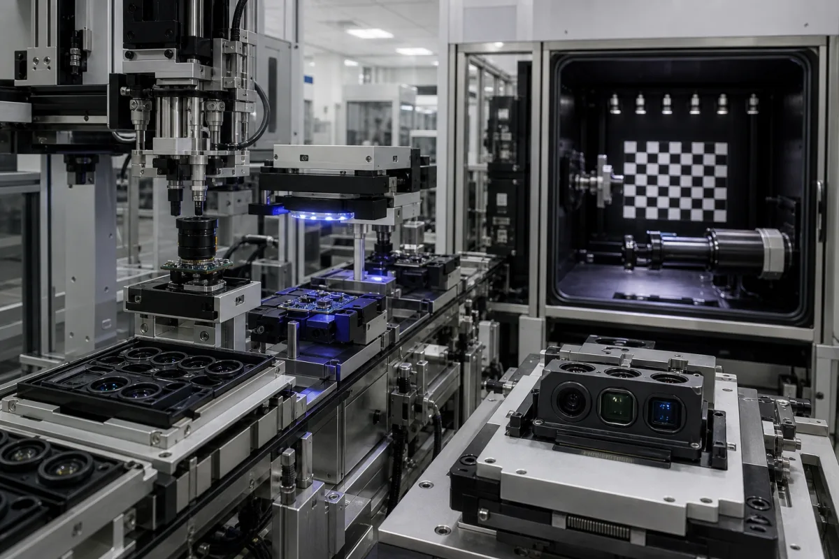 Integriertes Montage- und Kalibriersystem für Multi-Sensor-Kameramodule in einer industriellen Fertigungsumgebung