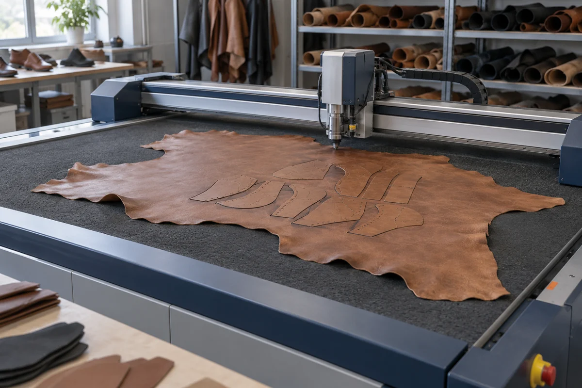 A natural leather hide on a flatbed knife cutting table in a footwear workshop