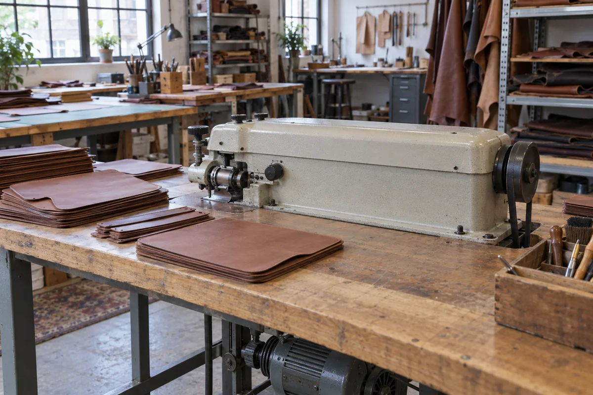 Compact leather edge skiving workstation with cut leather panels in a leather goods workshop