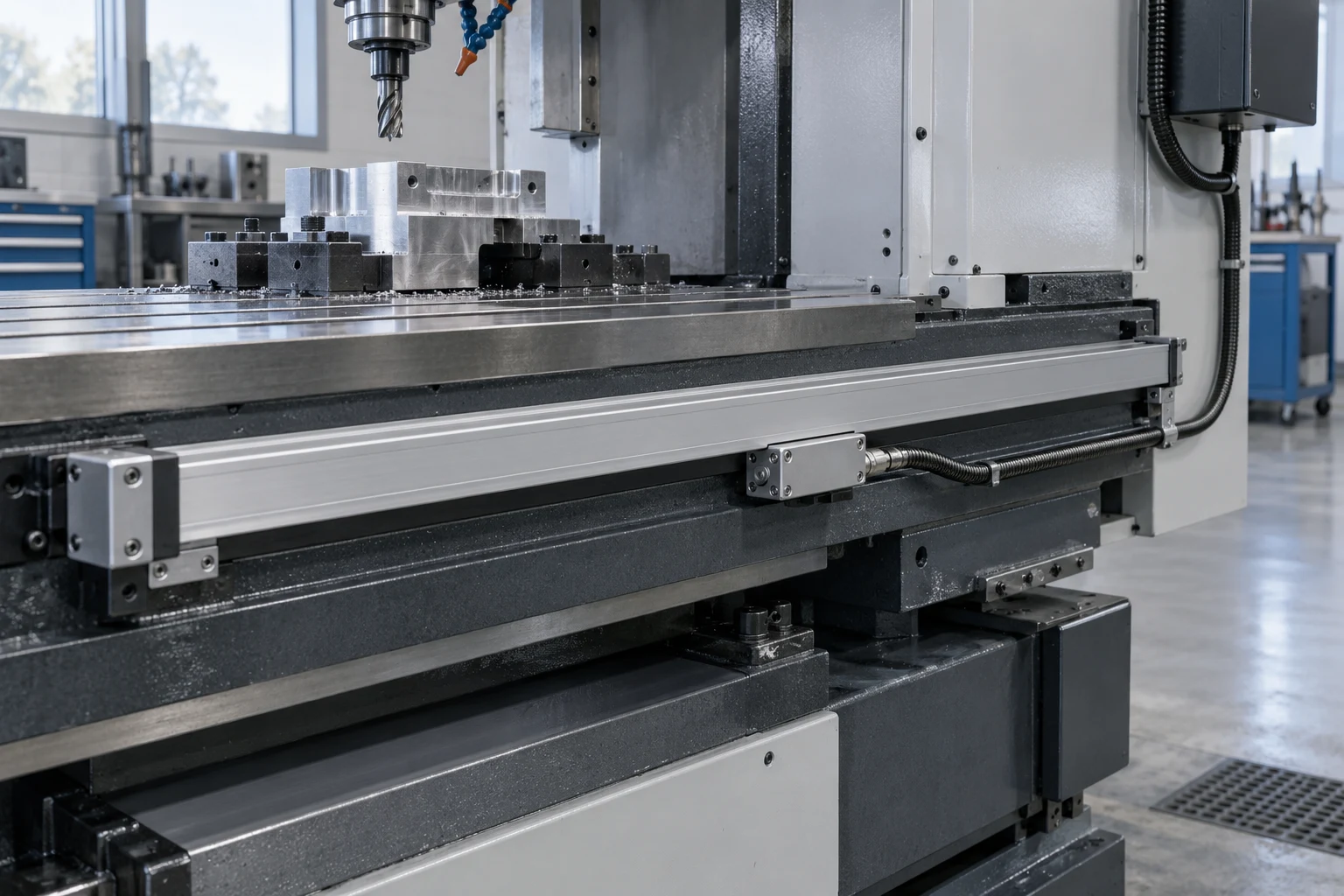 Sealed linear encoder mounted along a precision milling machine slide