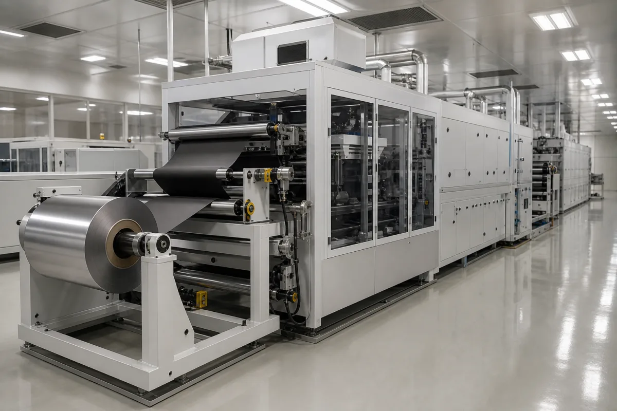Lithium-Ionen-Batterie-Elektrodenbeschichtungsmaschine in einer industriellen Fertigungsumgebung