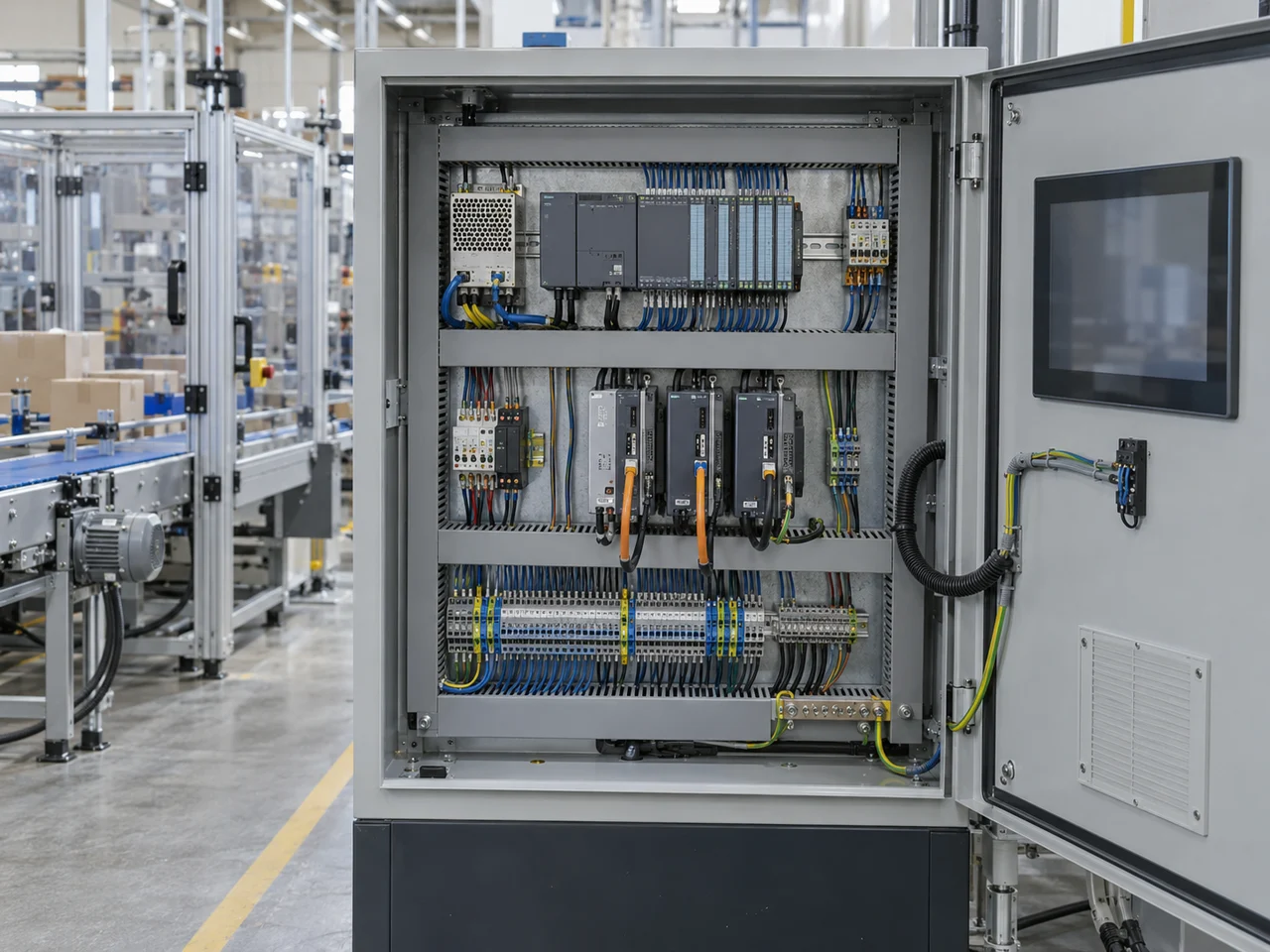 Machine-control cabinet with PLC, I/O modules, drives and an operator display beside an automation line