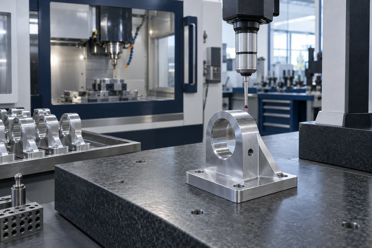 Machined aluminium mounting bracket on a coordinate measuring station beside an enclosed CNC mill