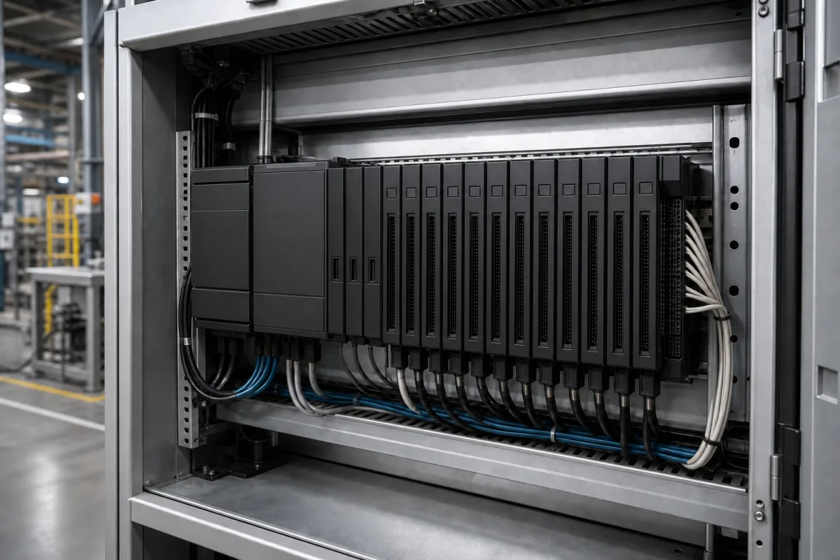 Haupt-PLC-Rack in einer industriellen Fertigungsumgebung