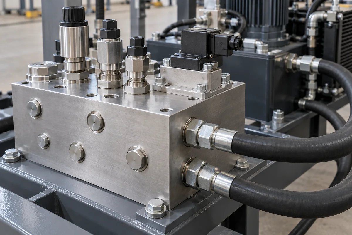 Machined steel hydraulic manifold block with screw-in cartridge valves and a solenoid valve mounted on top, plugged drillings on its face and two black high-pressure hoses connected at the side, next to a hydraulic power unit
