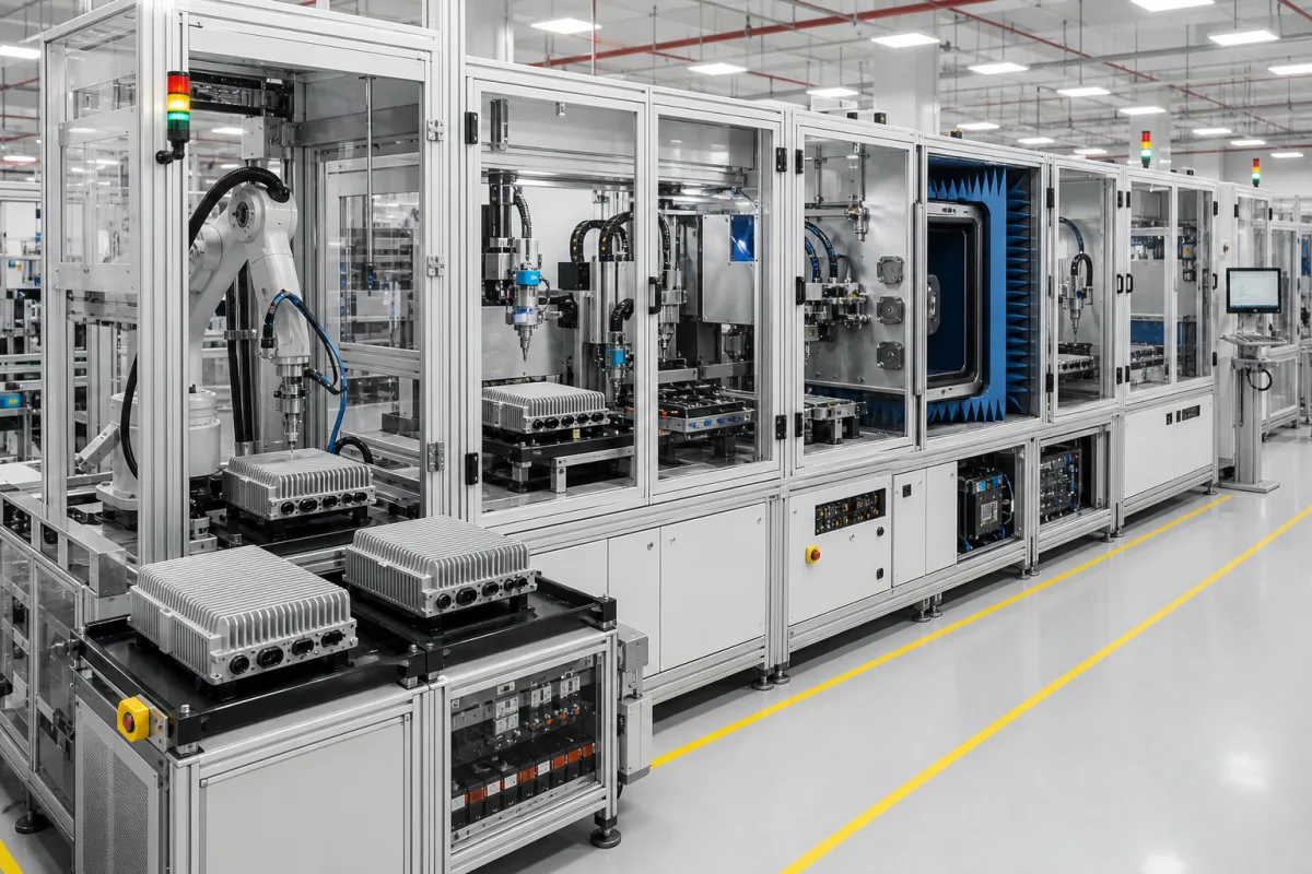 Modulares 5G-Basisstations-Produktionssystem in einer industriellen Fertigungsumgebung