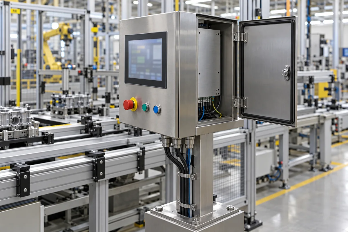 Brushed stainless steel operator enclosure on a square pedestal beside an automated assembly line, with a touch screen and red, green and blue pushbuttons on the front, its side door open to show terminal blocks, and cables entering through glands into the pedestal tube