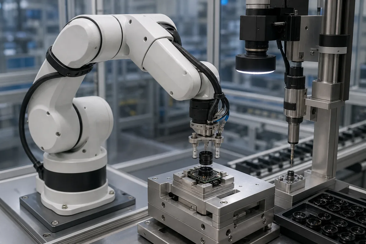 Mehrachsiger Roboter-Montagearm in einer industriellen Fertigungsumgebung