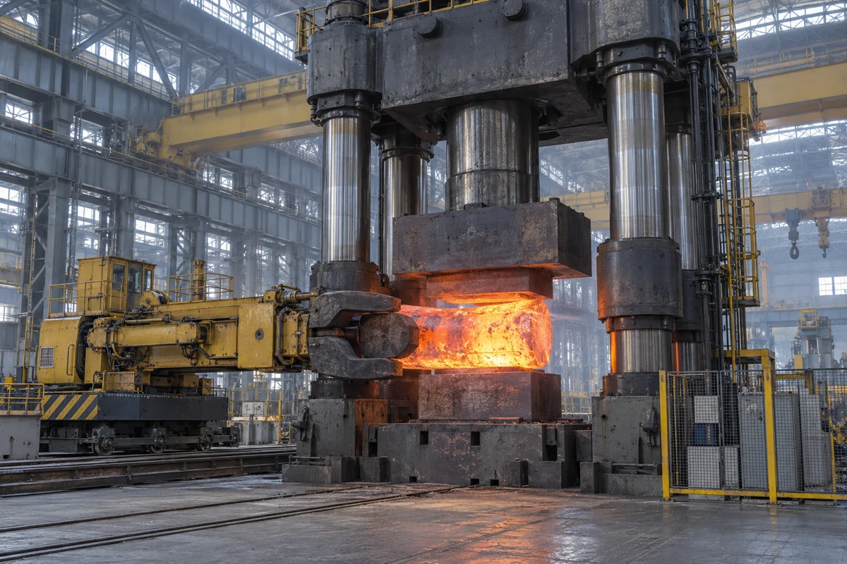 Hydraulic open-die press and billet manipulator in a forging hall