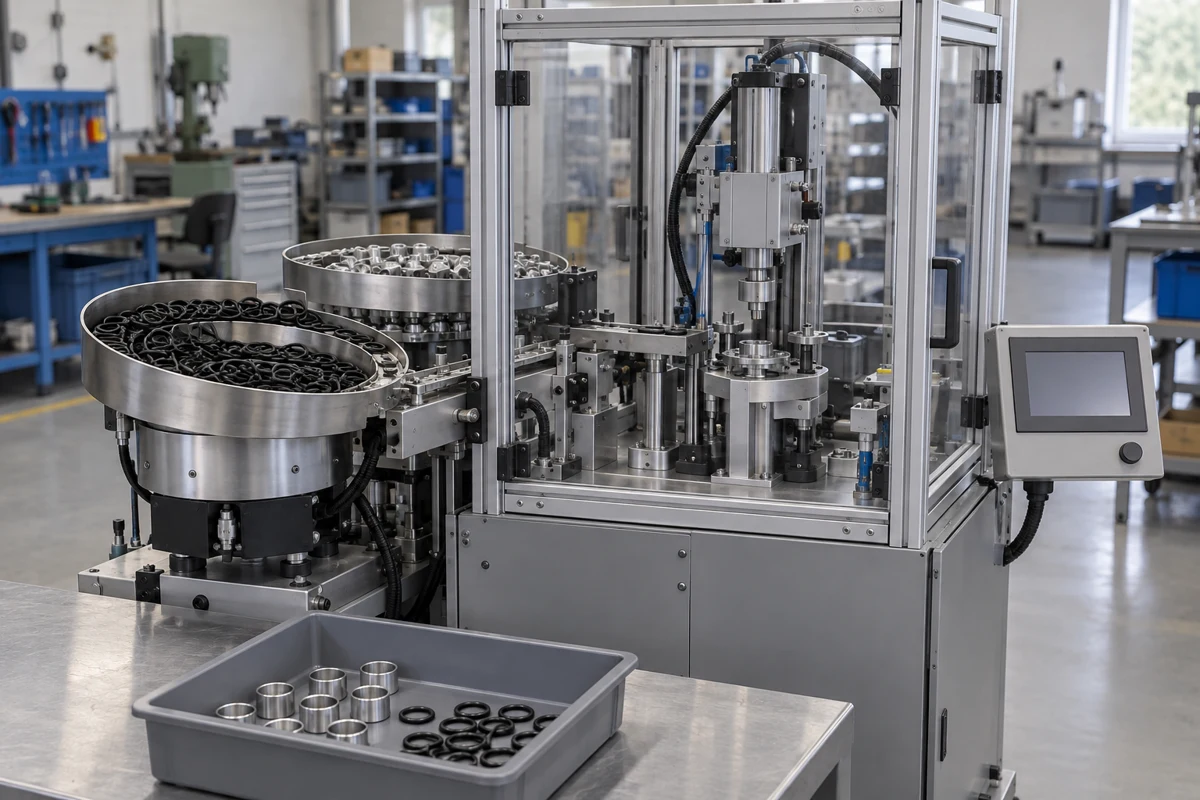 Enclosed seal-fitting cell with small ring feeders and trays of metal caps in a manufacturing workshop