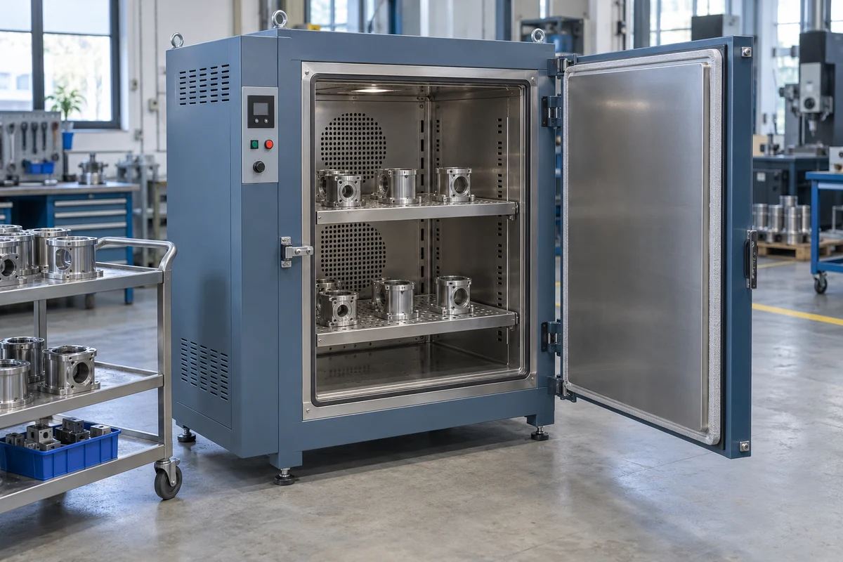 Batch drying oven with two shelves of spaced metal components in a manufacturing workshop